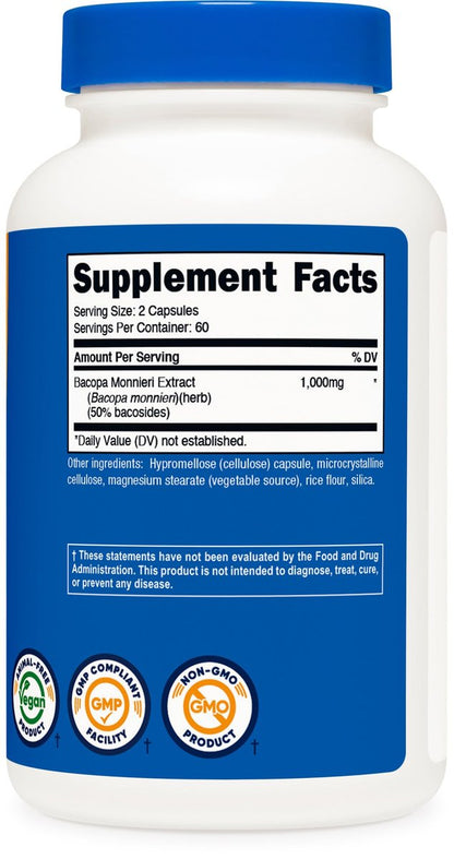Nutricost Bacopa Monnieri 1.000 mg, 120 Kapseln (60 Portionen) - Non-GMO, Glutenfrei, Vegetarierfreundlich