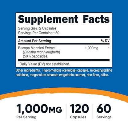 Nutricost Bacopa Monnieri 1.000 mg, 120 Kapseln (60 Portionen) - Non-GMO, Glutenfrei, Vegetarierfreundlich