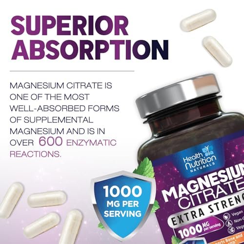 Magnesiumcitrat 1000mg pro Portion – Hochdosierte Magnesium-Pulver-Kapseln für Muskel-, Nerven-, Knochen- und Herzgesundheit – Glutenfrei, Nicht-GVO – 120 Kapseln