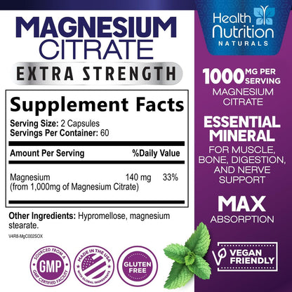 Magnesiumcitrat 1000mg pro Portion – Hochdosierte Magnesium-Pulver-Kapseln für Muskel-, Nerven-, Knochen- und Herzgesundheit – Glutenfrei, Nicht-GVO – 120 Kapseln