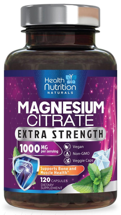 Magnesiumcitrat 1000mg pro Portion – Hochdosierte Magnesium-Pulver-Kapseln für Muskel-, Nerven-, Knochen- und Herzgesundheit – Glutenfrei, Nicht-GVO – 120 Kapseln