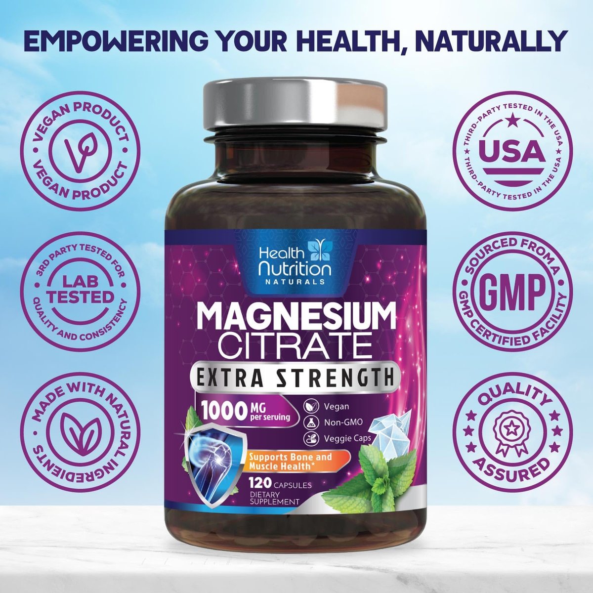Magnesiumcitrat 1000mg pro Portion – Hochdosierte Magnesium-Pulver-Kapseln für Muskel-, Nerven-, Knochen- und Herzgesundheit – Glutenfrei, Nicht-GVO – 120 Kapseln