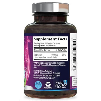 Magnesiumcitrat 1000mg pro Portion – Hochabsorbierende Magnesium-Pulverkapseln für Muskel-, Nerven-, Knochen- und Herzgesundheit, glutenfrei, nicht-GVO – 180 Kapseln