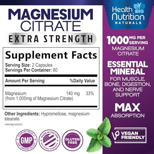 Magnesiumcitrat 1000mg pro Portion – Hochdosierte Magnesium-Pulver-Kapseln für Muskel-, Nerven-, Knochen- und Herzgesundheit – Glutenfrei, Nicht-GVO – 120 Kapseln