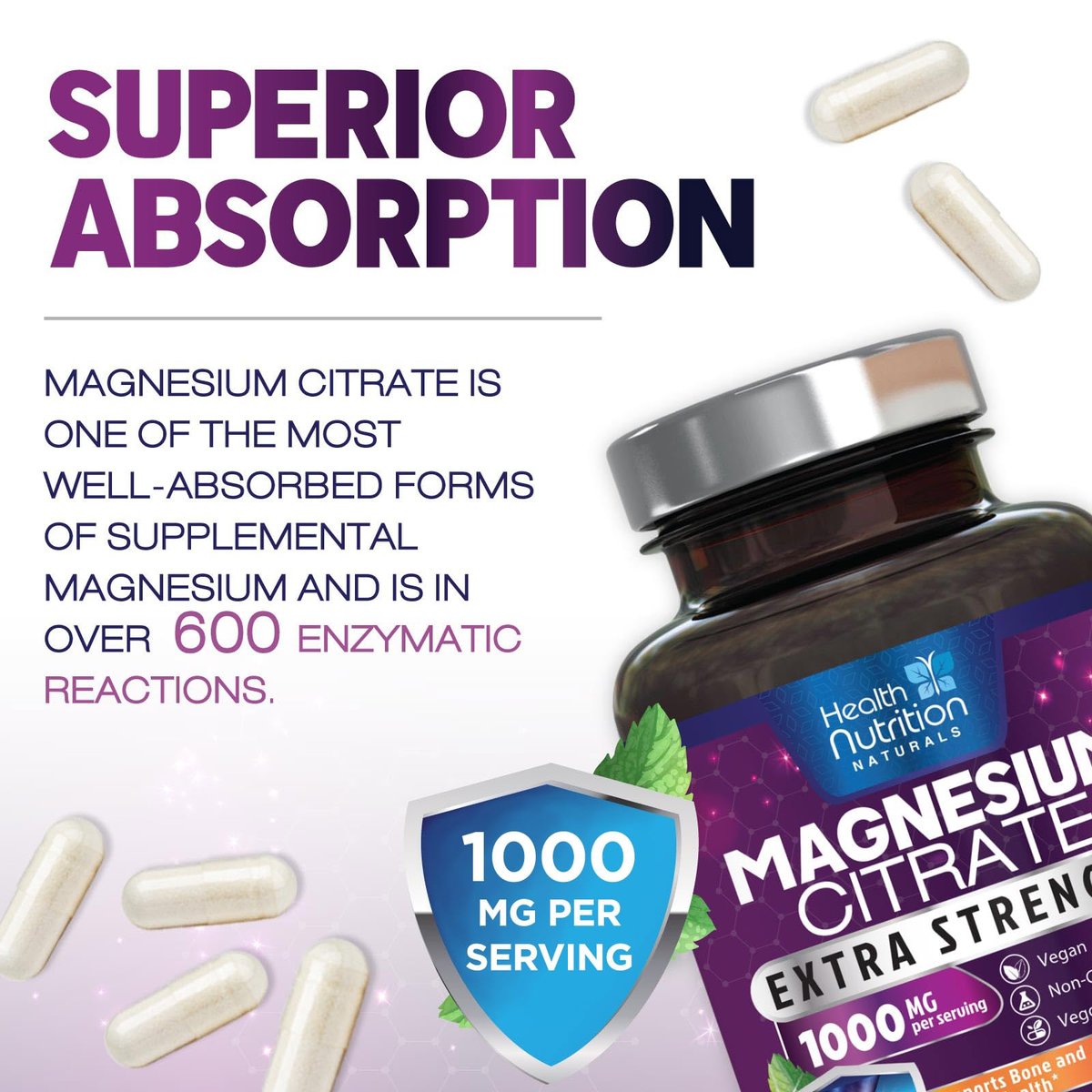 Magnesiumcitrat 1000mg pro Portion – Hochdosierte Magnesium-Pulver-Kapseln für Muskel-, Nerven-, Knochen- und Herzgesundheit – Glutenfrei, Nicht-GVO – 120 Kapseln