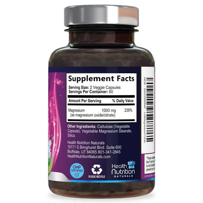 Magnesiumcitrat 1000mg pro Portion – Hochdosierte Magnesium-Pulver-Kapseln für Muskel-, Nerven-, Knochen- und Herzgesundheit – Glutenfrei, Nicht-GVO – 120 Kapseln