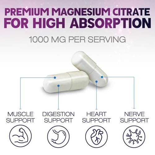 Magnesiumcitrat 1000mg pro Portion – Hochdosierte Magnesium-Pulver-Kapseln für Muskel-, Nerven-, Knochen- und Herzgesundheit – Glutenfrei, Nicht-GVO – 120 Kapseln