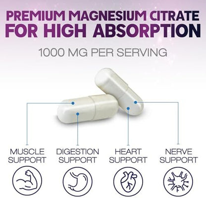 Magnesiumcitrat 1000mg pro Portion – Hochdosierte Magnesium-Pulver-Kapseln für Muskel-, Nerven-, Knochen- und Herzgesundheit – Glutenfrei, Nicht-GVO – 120 Kapseln