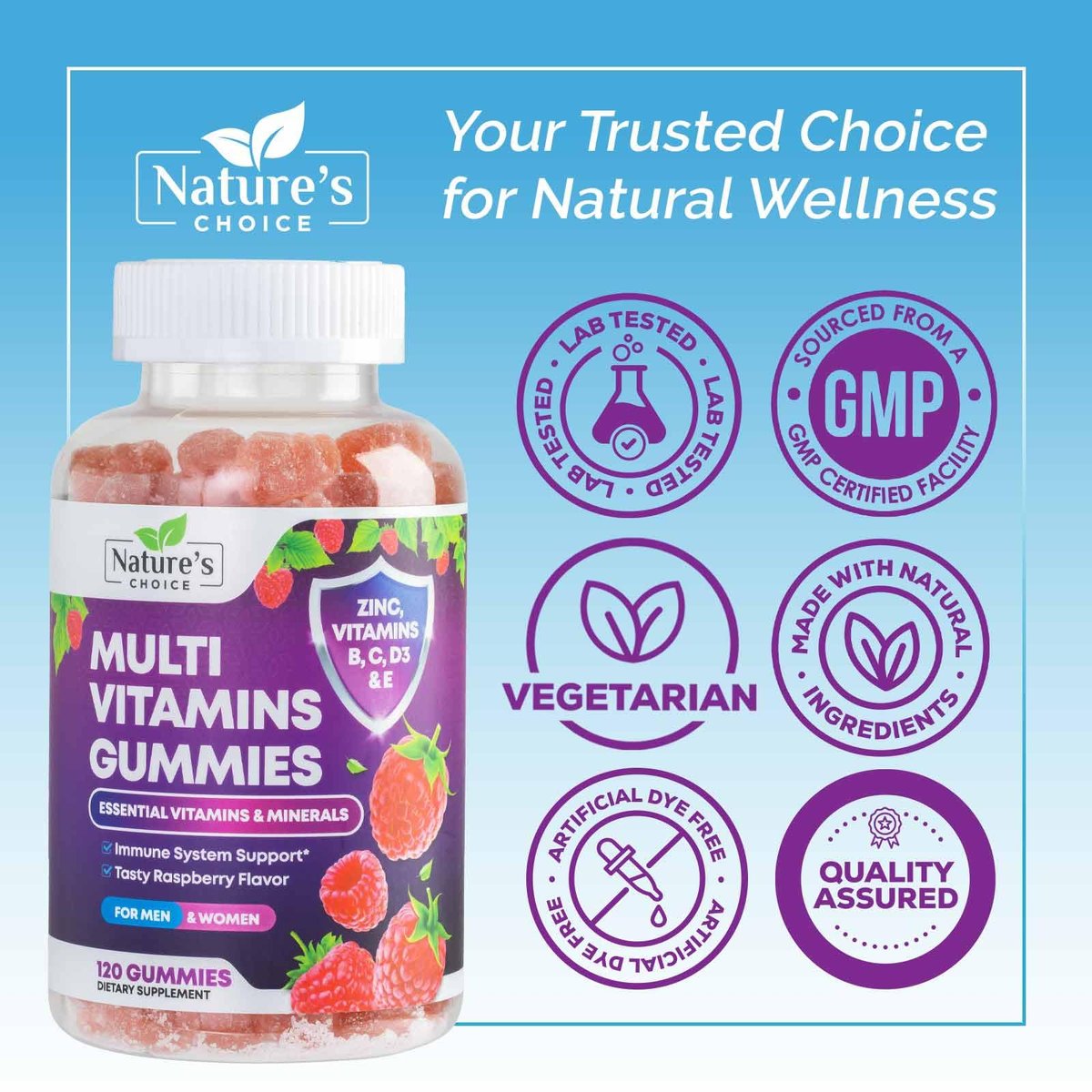 Multivitamin Gummis für Erwachsene - Hochwertige Vitamine A, C, D, E & B12 für Frauen und Männer - Tägliche Immununterstützung - 120 Gummis