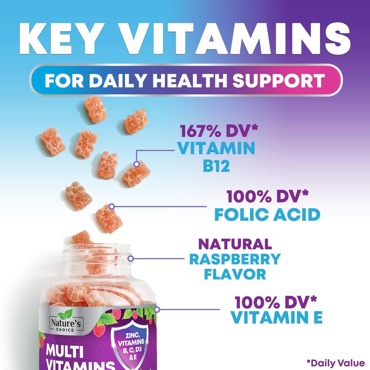 Multivitamin Gummis für Erwachsene - Hochwertige Vitamine A, C, D, E & B12 für Frauen und Männer - Tägliche Immununterstützung - 120 Gummis