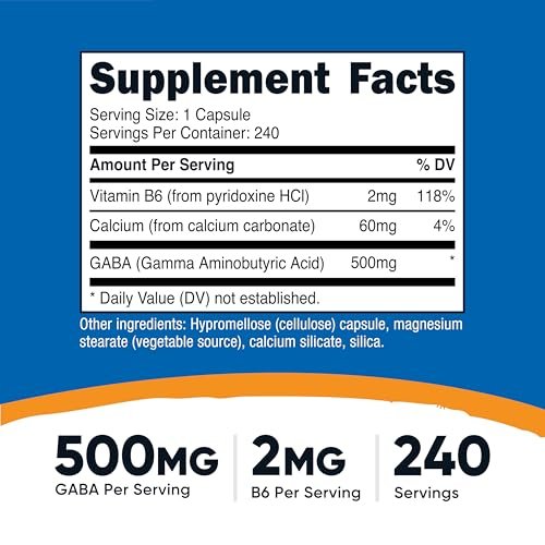 Nutricost GABA (Gamma-Aminobuttersäure) + Vitamin B6, 500 mg pro Portion, 240 Kapseln
