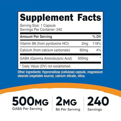 Nutricost GABA (Gamma-Aminobuttersäure) + Vitamin B6, 500 mg pro Portion, 240 Kapseln