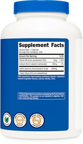 Nutricost GABA (Gamma-Aminobuttersäure) + Vitamin B6, 500 mg pro Portion, 240 Kapseln