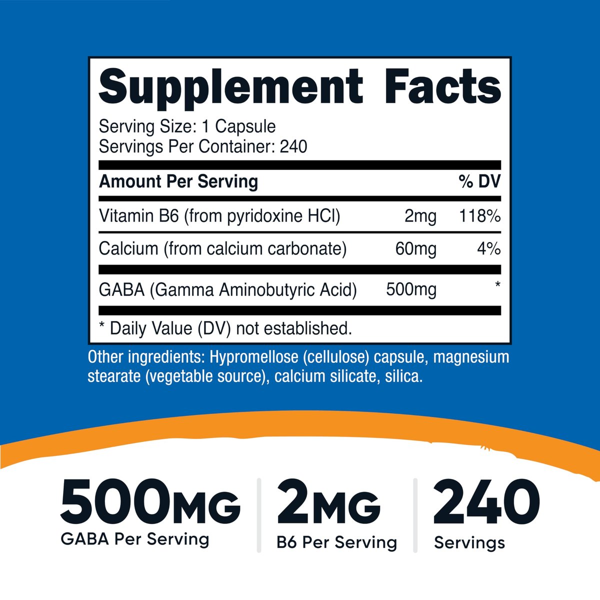 Nutricost GABA (Gamma-Aminobuttersäure) + Vitamin B6, 500 mg pro Portion, 240 Kapseln