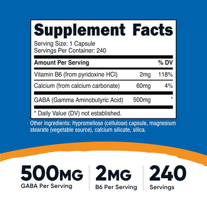Nutricost GABA (Gamma-Aminobuttersäure) + Vitamin B6, 500 mg pro Portion, 240 Kapseln