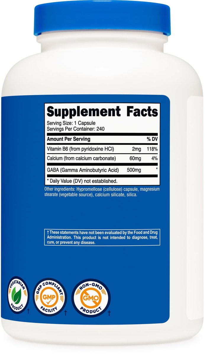 Nutricost GABA (Gamma-Aminobuttersäure) + Vitamin B6, 500 mg pro Portion, 240 Kapseln