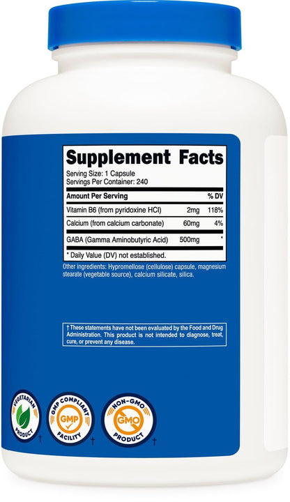 Nutricost GABA (Gamma-Aminobuttersäure) + Vitamin B6, 500 mg pro Portion, 240 Kapseln