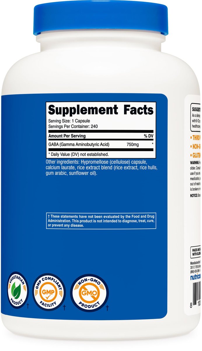 Nutricost GABA (Gamma-Aminobuttersäure) 750mg, 240 Kapseln, 240 Portionen - Nicht-GVO, Glutenfrei