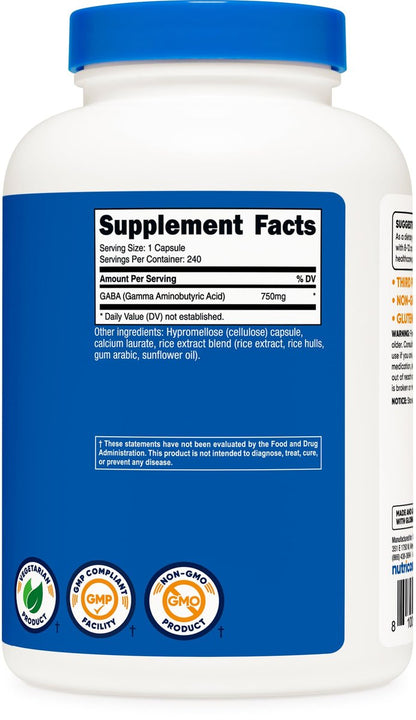 Nutricost GABA (Gamma-Aminobuttersäure) 750mg, 240 Kapseln, 240 Portionen - Nicht-GVO, Glutenfrei