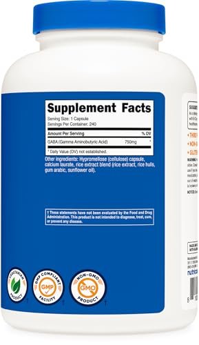 Nutricost GABA (Gamma-Aminobuttersäure) 750mg, 240 Kapseln, 240 Portionen - Nicht-GVO, Glutenfrei