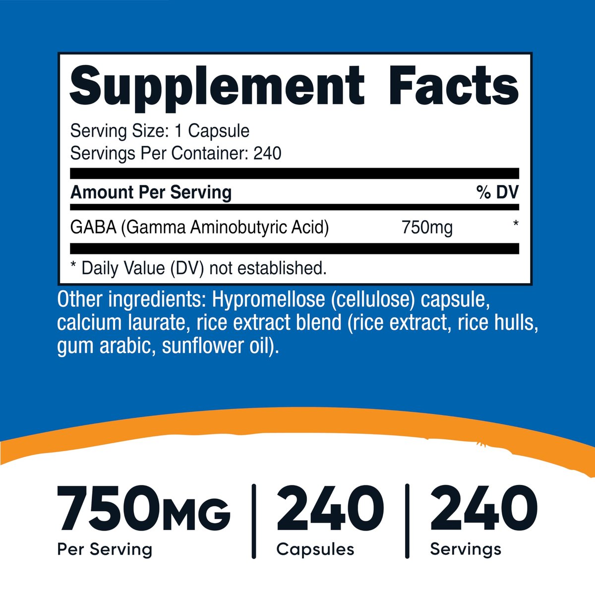 Nutricost GABA (Gamma-Aminobuttersäure) 750mg, 240 Kapseln, 240 Portionen - Nicht-GVO, Glutenfrei