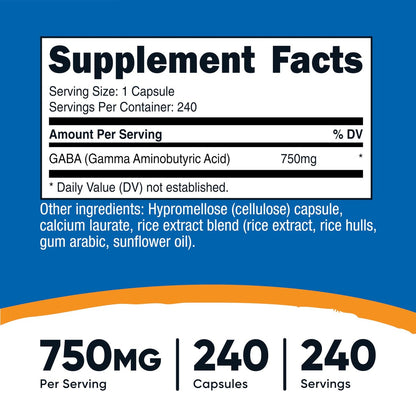 Nutricost GABA (Gamma-Aminobuttersäure) 750mg, 240 Kapseln, 240 Portionen - Nicht-GVO, Glutenfrei