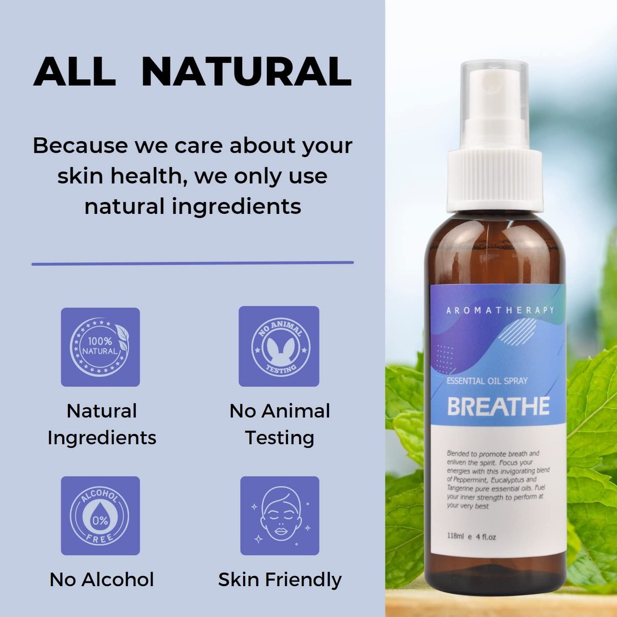 Benatu Pfefferminz-Eukalyptus-Ölmischung Spray für Körper und Haar, 118 ml – Natürlicher Atemfrische-Duft für Aromatherapie, Raumspray für Bettwäsche, Stoffe, Kissen, Auto