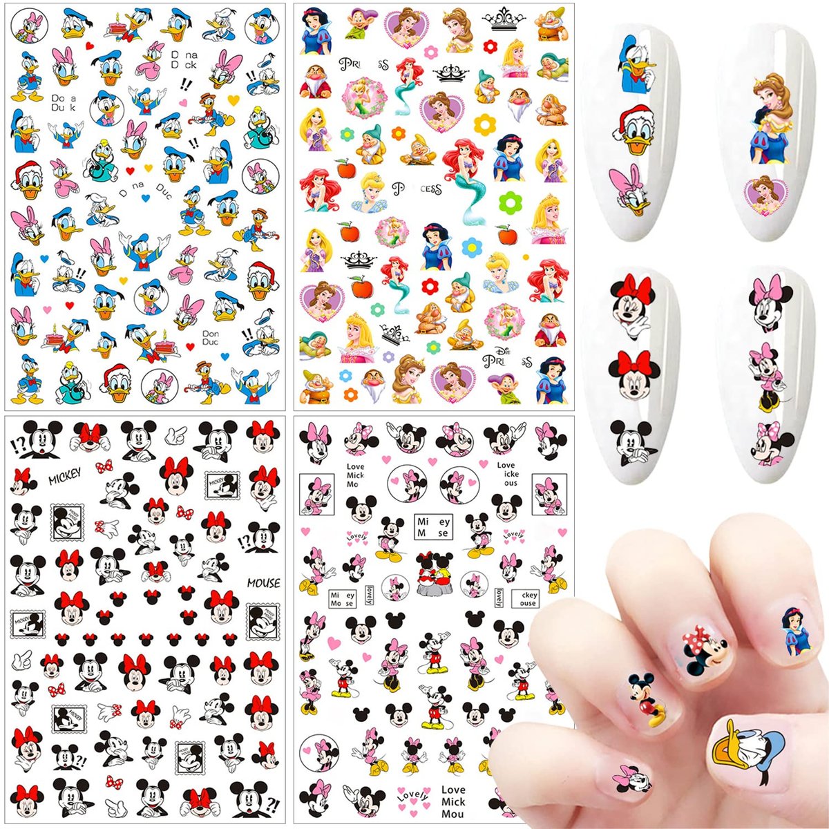 Cartoon Nail Art Sticker 3D selbstklebend - 4 Bögen süße Nagelaufkleber für Frauen