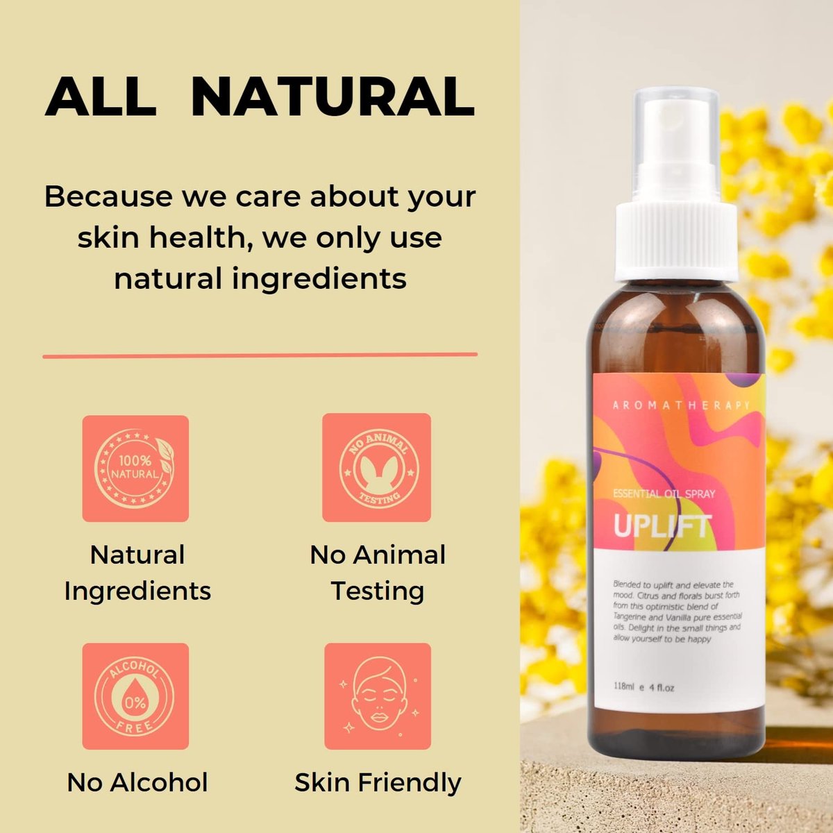 Benatu Citrus Vanilla Bio-Öl-Mischungsspray für Körper und Haar, Mehrzweck-Natural-Uplift-Duft-Aromatherapie-Raum- und Wäschespray für Bettwäsche, Kissen, Stoff, Auto 118 ml