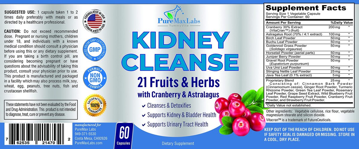 YUMMYVITE Kräuter-Nierenreinigung mit Cranberry-Extrakt, Astragalus – 21 Früchte & Kräuter – Detox & Reinigung für Harnwege & Blasengesundheit, Nierenunterstützung, 60 vegane Kapseln