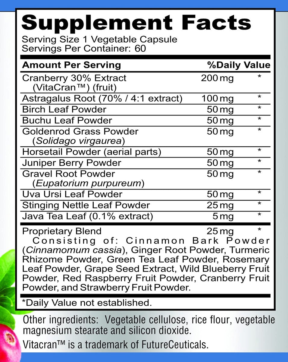 YUMMYVITE Kräuter-Nierenreinigung mit Cranberry-Extrakt, Astragalus – 21 Früchte & Kräuter – Detox & Reinigung für Harnwege & Blasengesundheit, Nierenunterstützung, 60 vegane Kapseln