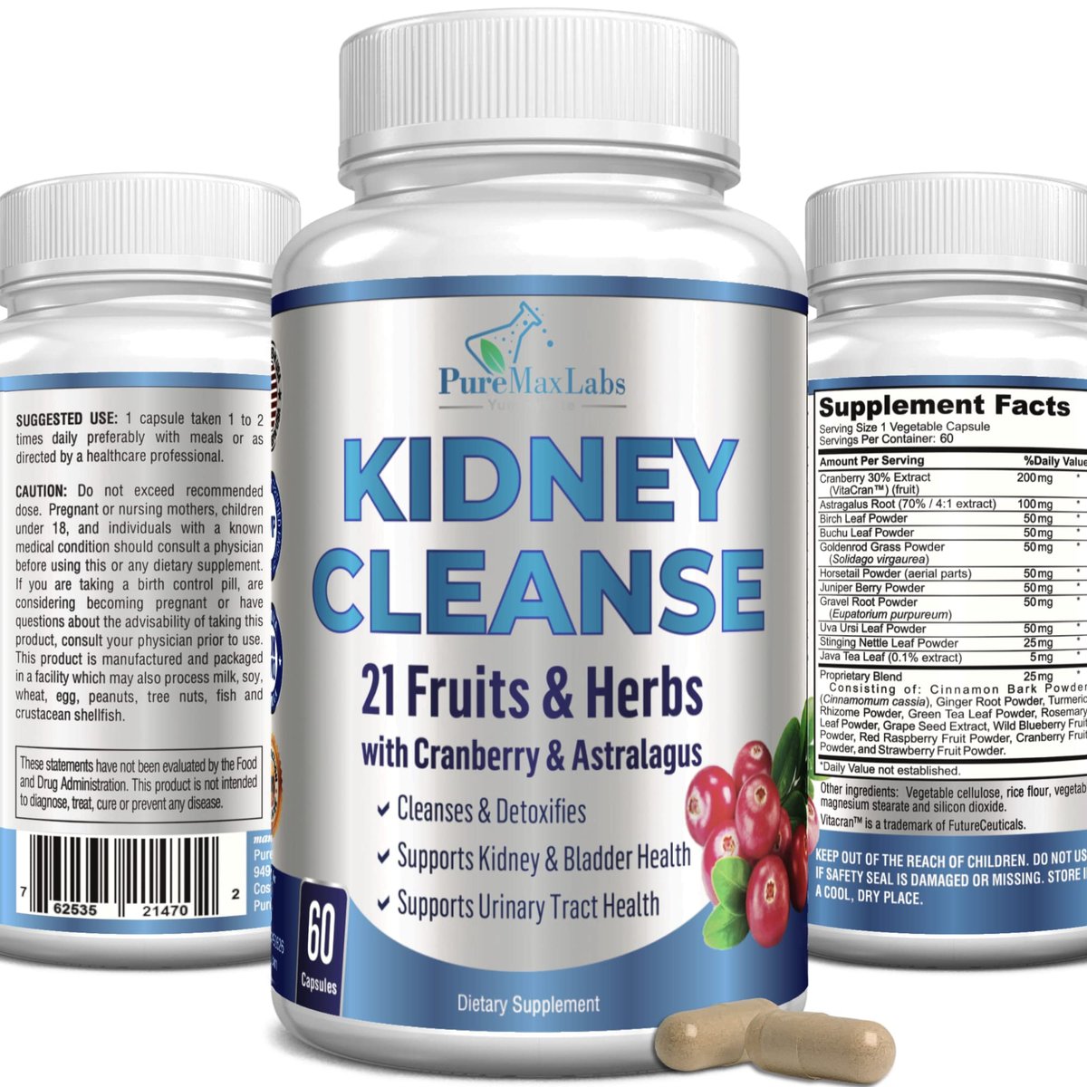 YUMMYVITE Kräuter-Nierenreinigung mit Cranberry-Extrakt, Astragalus – 21 Früchte & Kräuter – Detox & Reinigung für Harnwege & Blasengesundheit, Nierenunterstützung, 60 vegane Kapseln