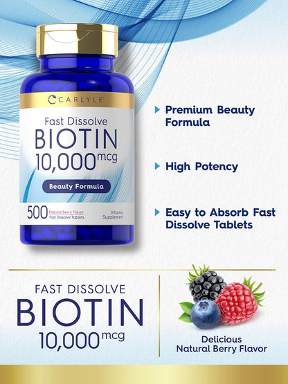 Carlyle Biotin 10.000 mcg | 500 Fast Dissolve Tabletten | Für Haare, Haut und Nägel | Höchste Stärke | Vegetarisch, Nicht-GVO, Glutenfrei