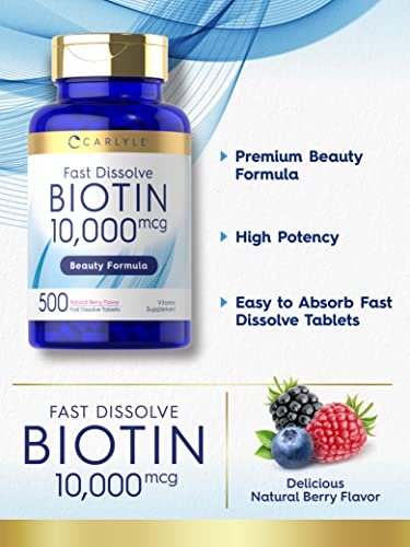 Carlyle Biotin 10.000 mcg | 500 Fast Dissolve Tabletten | Für Haare, Haut und Nägel | Höchste Stärke | Vegetarisch, Nicht-GVO, Glutenfrei