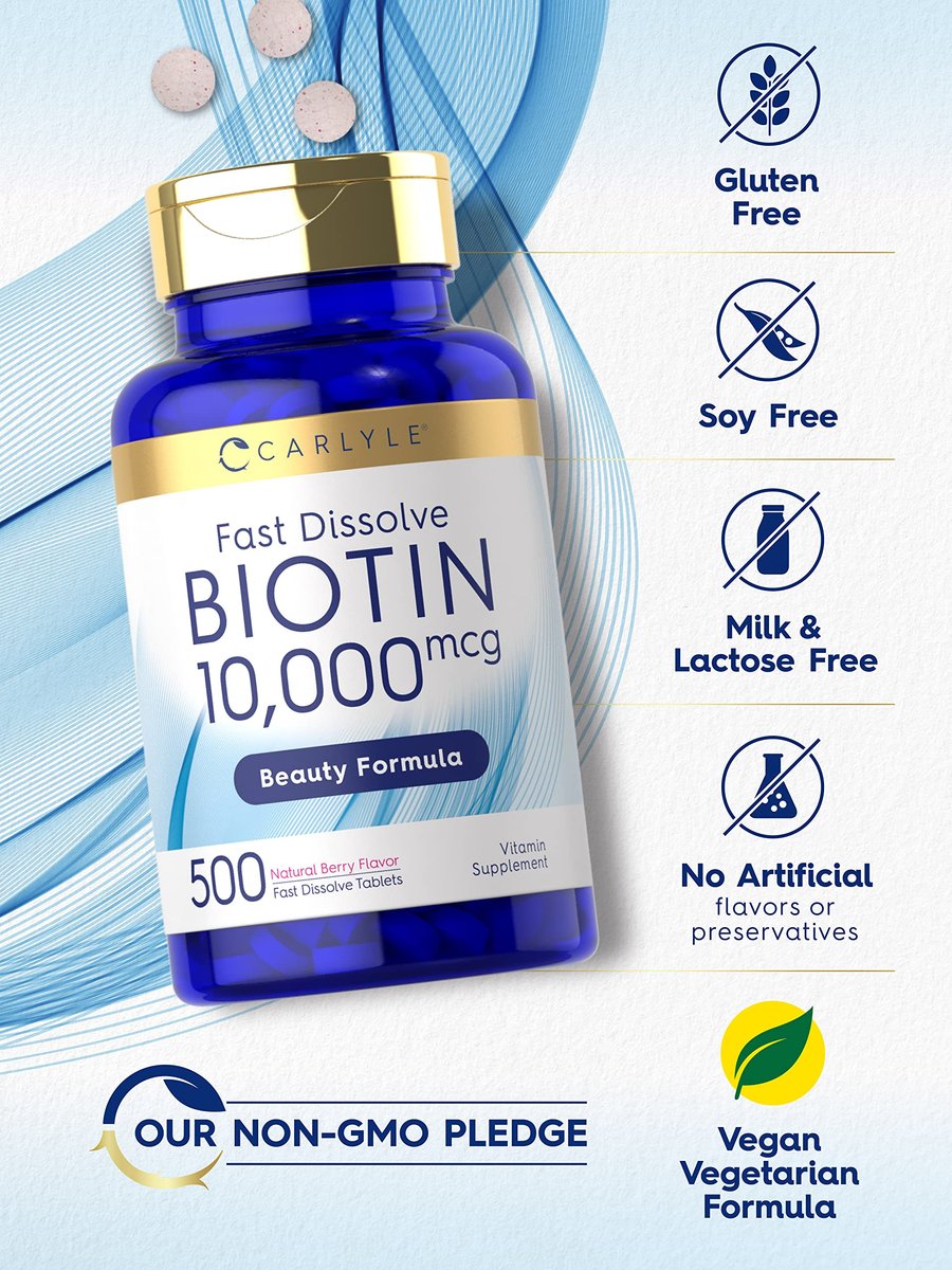 Carlyle Biotin 10.000 mcg | 500 Fast Dissolve Tabletten | Für Haare, Haut und Nägel | Höchste Stärke | Vegetarisch, Nicht-GVO, Glutenfrei