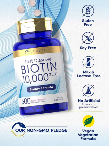 Carlyle Biotin 10.000 mcg | 500 Fast Dissolve Tabletten | Für Haare, Haut und Nägel | Höchste Stärke | Vegetarisch, Nicht-GVO, Glutenfrei