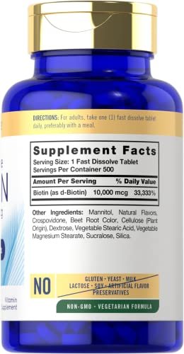Carlyle Biotin 10.000 mcg | 500 Fast Dissolve Tabletten | Für Haare, Haut und Nägel | Höchste Stärke | Vegetarisch, Nicht-GVO, Glutenfrei
