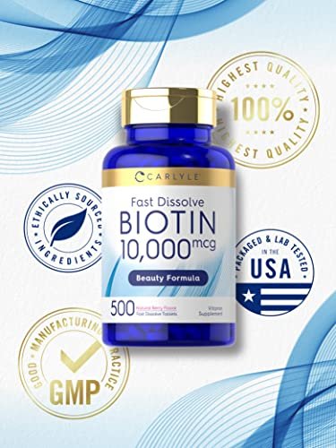 Carlyle Biotin 10.000 mcg | 500 Fast Dissolve Tabletten | Für Haare, Haut und Nägel | Höchste Stärke | Vegetarisch, Nicht-GVO, Glutenfrei