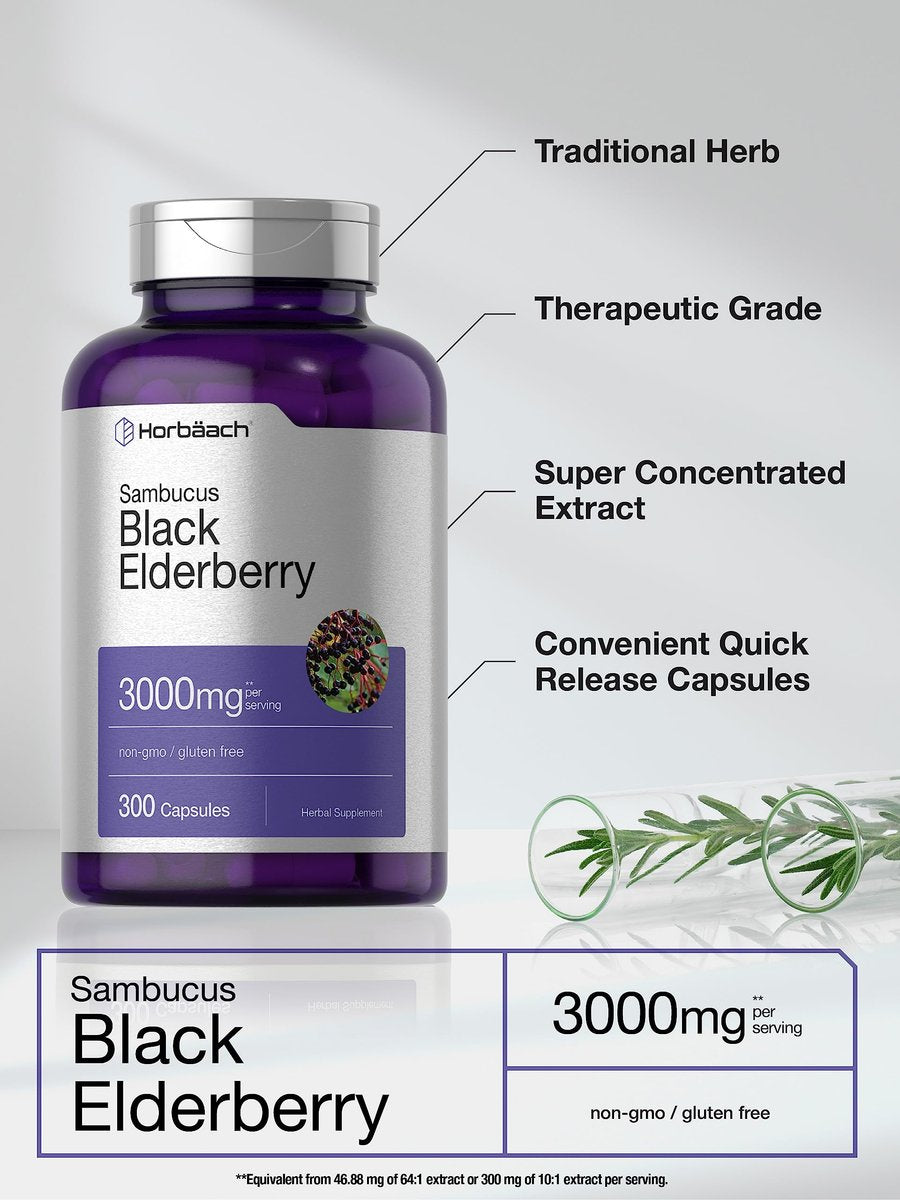 Horbäach Schwarzer Holunder | 300 Kapseln | Sambucus Nahrungsergänzung | Non-GMO & Glutenfrei