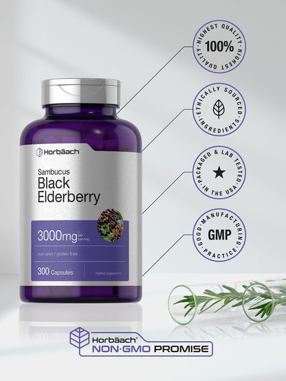 Horbäach Schwarzer Holunder | 300 Kapseln | Sambucus Nahrungsergänzung | Non-GMO & Glutenfrei