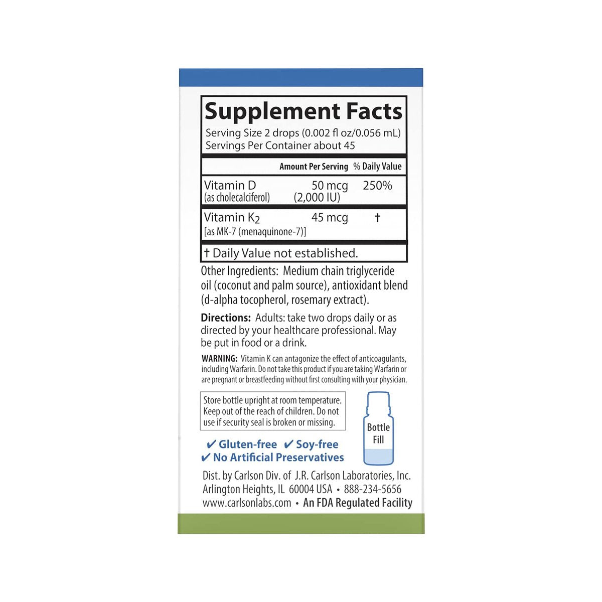 Carlson Super Daily D3 + K2 – 50 µg D3 + 45 µg MK-7, Herz- und Knochengesundheit, 90 Tropfen, 2,54 ml