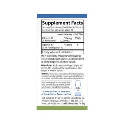 Carlson Super Daily D3 + K2 – 50 µg D3 + 45 µg MK-7, Herz- und Knochengesundheit, 90 Tropfen, 2,54 ml