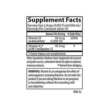 Carlson Super Daily D3 + K2 – 50 µg D3 + 45 µg MK-7, Herz- und Knochengesundheit, 90 Tropfen, 2,54 ml
