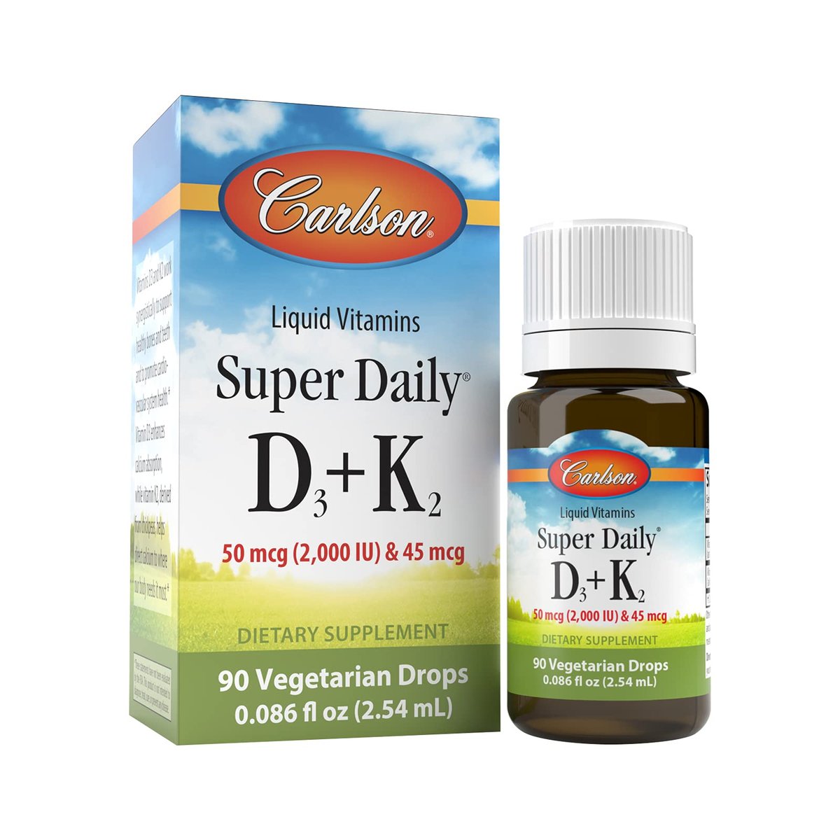 Carlson Super Daily D3 + K2 – 50 µg D3 + 45 µg MK-7, Herz- und Knochengesundheit, 90 Tropfen, 2,54 ml