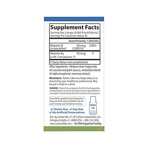 Carlson Super Daily D3 + K2 – 50 µg D3 + 45 µg MK-7, Herz- und Knochengesundheit, 90 Tropfen, 2,54 ml