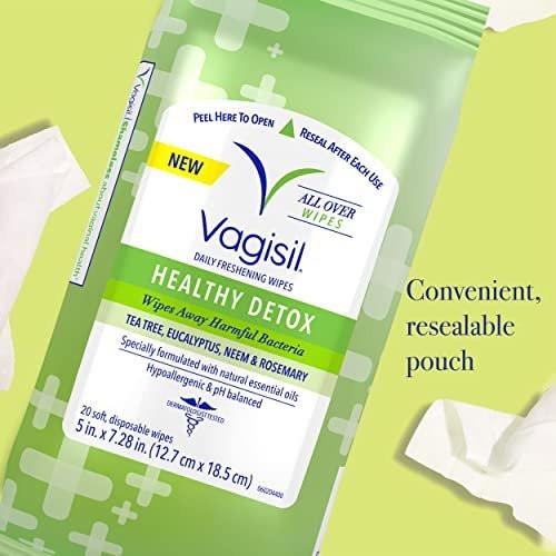 Vagisil Feuchttücher für die Ganzkörperreinigung, Health Detox, mit ätherischen Ölen, 20 Tücher in wieder verschließbarem Beutel (Packung mit 3)