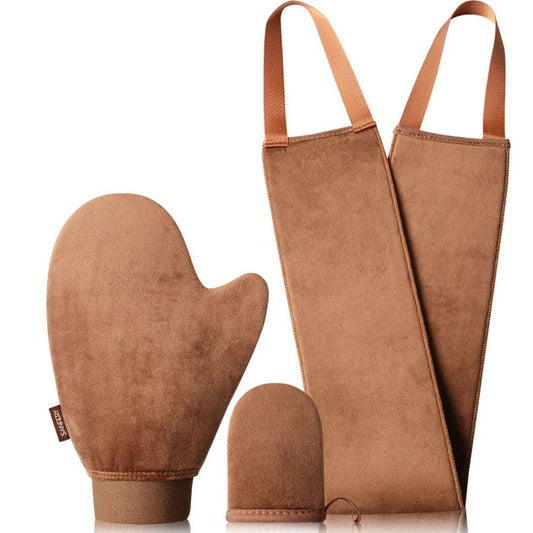 3er-Pack Selbstbräuner-Handschuhe Set inklusive Rückenapplikator – Samtweich, elastischer Bund, für streifenfreies Sonnenlos-Bräunen zu Hause