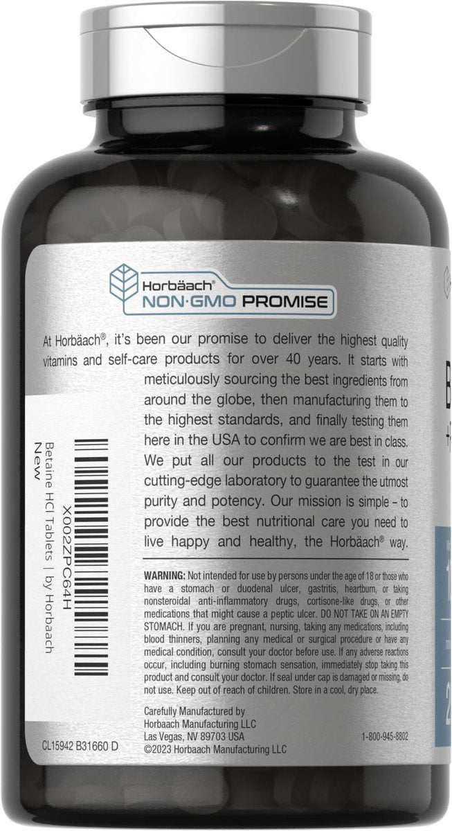 Horbäach Betain HCl mit Pepsin | 250 Tabletten | Hydrochlorid-Ergänzung mit Ingwerwurzel | Nicht-GVO, Glutenfrei