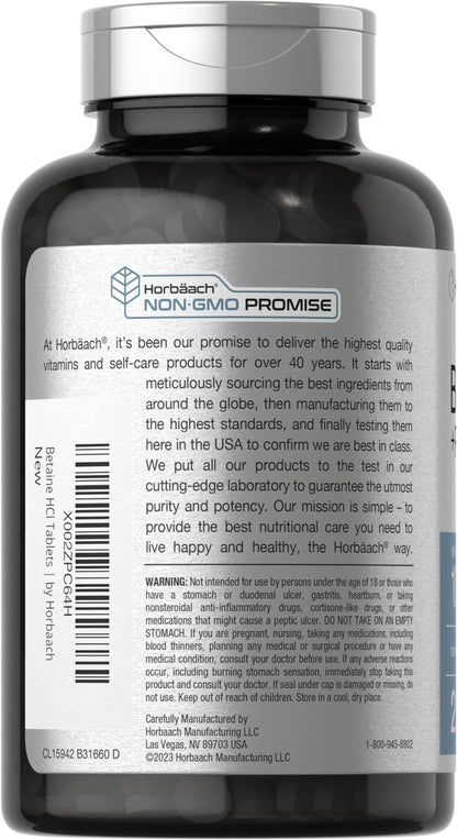 Horbäach Betain HCl mit Pepsin | 250 Tabletten | Hydrochlorid-Ergänzung mit Ingwerwurzel | Nicht-GVO, Glutenfrei