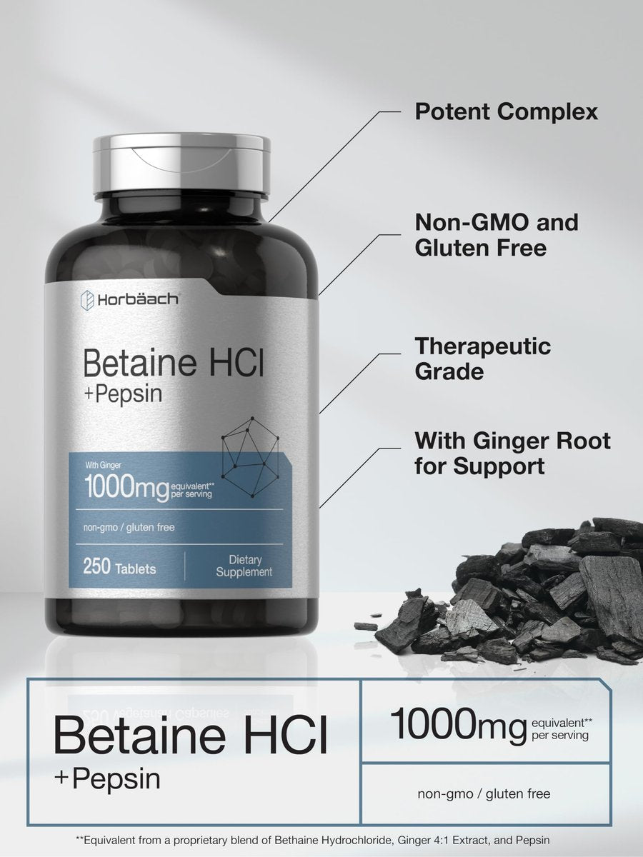 Horbäach Betain HCl mit Pepsin | 250 Tabletten | Hydrochlorid-Ergänzung mit Ingwerwurzel | Nicht-GVO, Glutenfrei